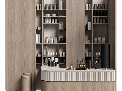 Modern Reception Desk Interior With Wooden Shelves Cabinets And Decorative Bottles 3d model
