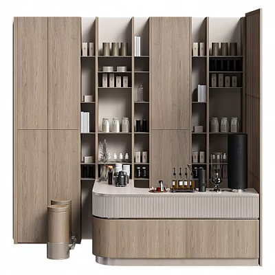 Modern Reception Desk Interior With Wooden Shelves Cabinets And Decorative Bottles 3d model