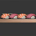 Sushi Platter With Various Types Of Fresh Fish And Rice On Wooden Tray