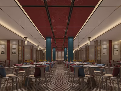 Elegant Hotpot Restaurant Interior With Red Ceiling Blue Columns Dining Tables And Decorative Paintings 3d model