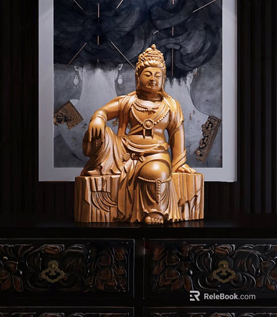 Traditional Hand Carved Wooden Buddha Sculpture In Seated Posture With Intricate Carvings And Decorative Background 3d model 