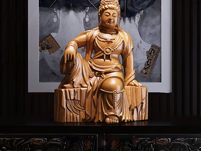 Traditional Hand Carved Wooden Buddha Sculpture In Seated Posture With Intricate Carvings And Decorative Background 3d model