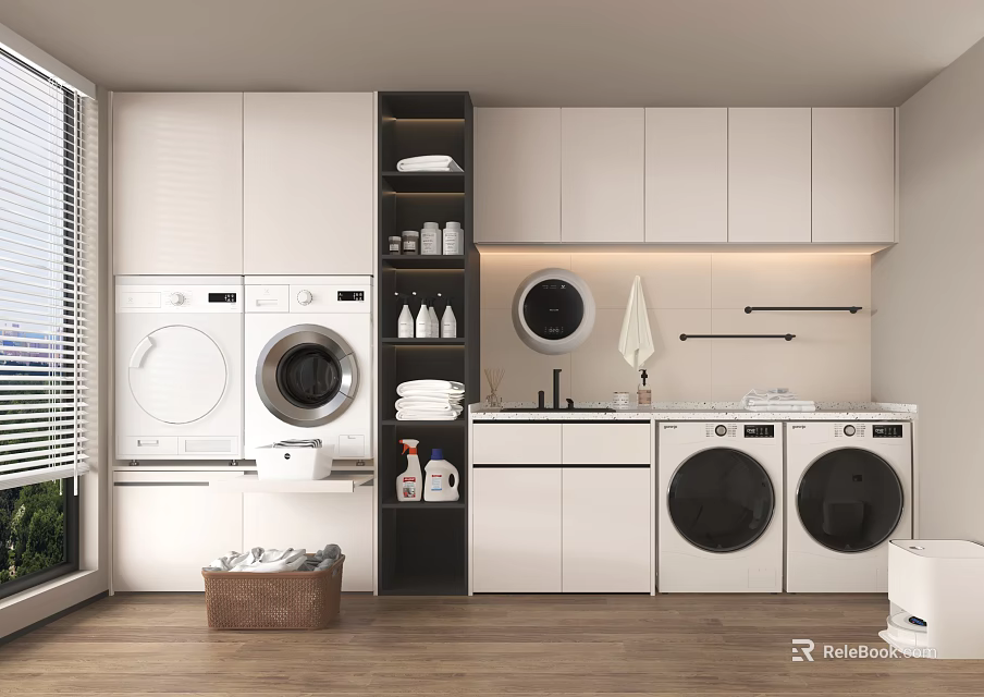 Organized Modern Laundry Room With Washing Machine Dryer And Storage Cabinets 3d model 