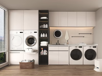 Organized Modern Laundry Room With Washing Machine Dryer And Storage Cabinets 3d model