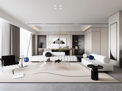 Modern Living And Dining Room Interior With White Sofas Glass Coffee Table And Large Windows 3d model