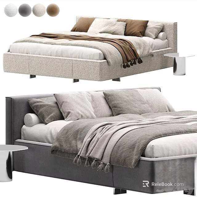 Modern Double Bed Frame With Neutral Tones Pillows Blankets And Side Table Design 3d model 