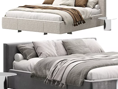 Modern Double Bed Frame With Neutral Tones Pillows Blankets And Side Table Design 3d model