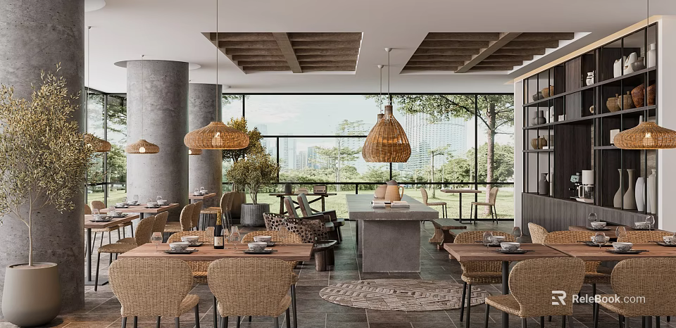 Serene Restaurant Interior With Woven Pendant Lights Wooden Tables And Large Windows 3d model 