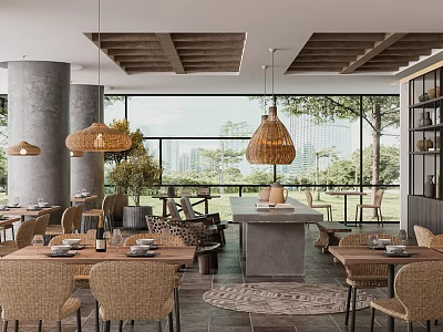 Serene Restaurant Interior With Woven Pendant Lights Wooden Tables And Large Windows 3d model