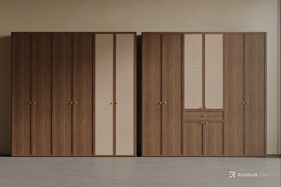 Modern Wooden Wardrobe Interior Design With Lattice Panels And Brass Handles 3d model 