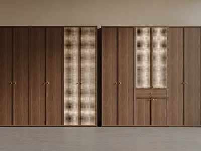 Modern Wooden Wardrobe Interior Design With Lattice Panels And Brass Handles 3d model