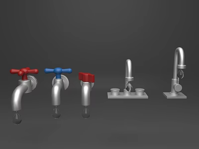 Multiple Faucets With Red And Blue Handles And Different Design Styles 3d model