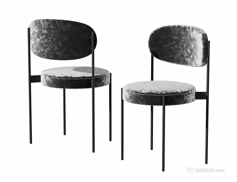 Two Modern Accent Chairs With Black Metal Frame And Velvet Upholstered Seats 3d model 
