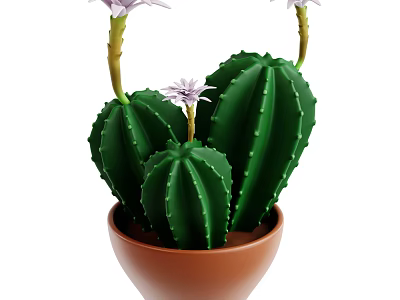 Three Green Cactus Plants Featuring Purple Flowers Growing in Brown Pot 3d model