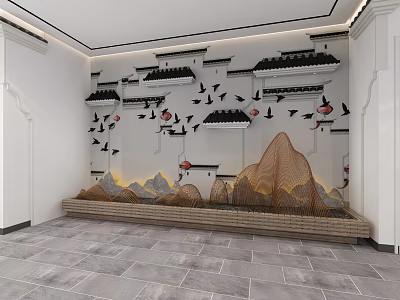 Chinese Style Bedroom Accent Wall With Silhouette Buildings Flying Birds And Mountain Decor 3d model