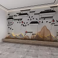 Chinese Style Bedroom Accent Wall With Silhouette Buildings Flying Birds And Mountain Decor