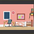 Cartoon Room Scene With Pink Walls Desk Chair Bed And Bookshelf Decorations