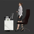 Modern White Marble Reception Desk With Black Countertop Laptop And Office Chair