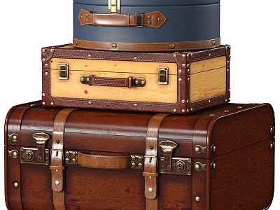 Vintage Stacked Luggage Set with Wooden Leather Accents and Metal Hardware 3d model