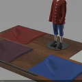 Mannequin In Red Coat Blue Pants White Hat With Colored Fabrics On Wooden Platform
