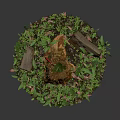 Rustic Tree Stump Scene With Axe Green Plants Grass And Stones