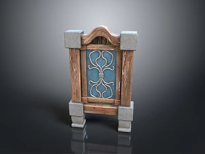Decorative Wooden Frame Structure With Stone Base And Blue Floral Pattern 3d model