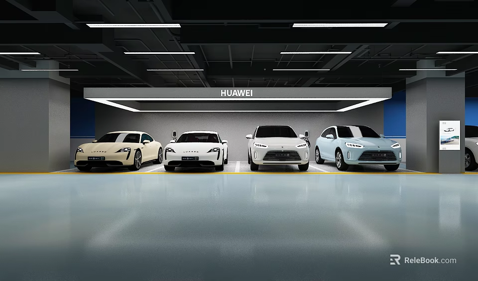 Huawei Four Different Colored Cars Parked In Modern Garage Space 3d model 