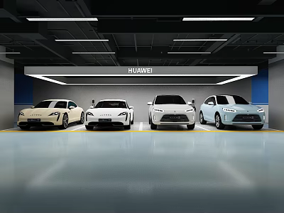 Huawei Four Different Colored Cars Parked In Modern Garage Space 3d model