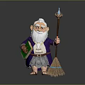 Cartoon Wizard Character With White Beard Glasses Purple Robe Green Book Staff And Broom
