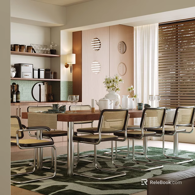 Cozy Restaurant Interior With Wooden Dining Table Rattan Chairs And Circular Wall Decor 3d model 