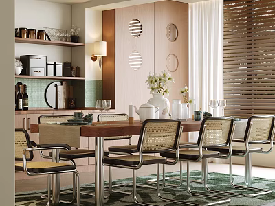 Cozy Restaurant Interior With Wooden Dining Table Rattan Chairs And Circular Wall Decor 3d model
