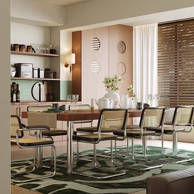 Cozy Restaurant Interior With Wooden Dining Table Rattan Chairs And Circular Wall Decor 3d model