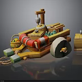 3D Wooden Boat Model With Lifebuoy Rope Bird Green Barrel And Wooden Bucket