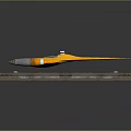 Yellow and Blue Spaceship Parked on Black Platform With Gray Stripes and White Dots