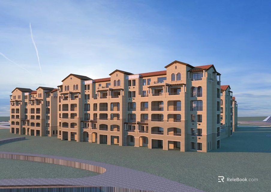 Modern Residential Building Exterior With Multiple Balconies Red Roofs Green Area And Paved Road 3d model 