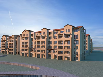 Modern Residential Building Exterior With Multiple Balconies Red Roofs Green Area And Paved Road 3d model