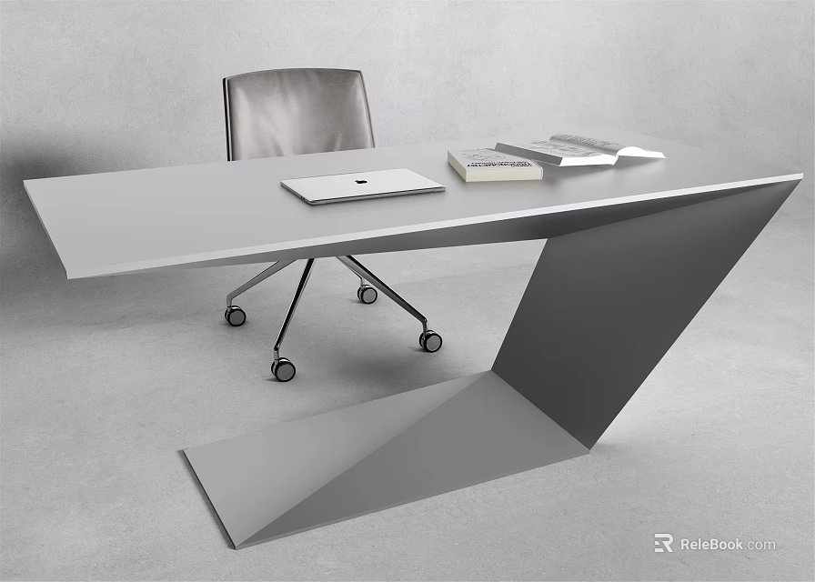 Modern Office Desk With Light Gray Surface Laptop Books And Unique Geometric Frame 3d model 