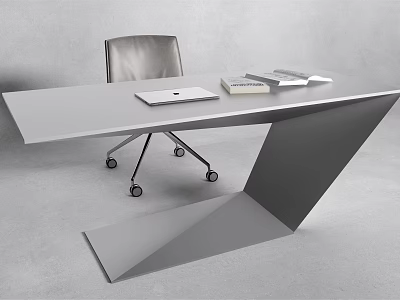 Modern Office Desk With Light Gray Surface Laptop Books And Unique Geometric Frame 3d model