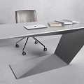 Modern Office Desk With Light Gray Surface Laptop Books And Unique Geometric Frame