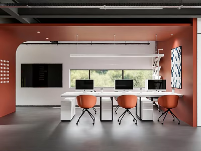 Modern Public Office Space Design With White Desks Orange Chairs And Green Views 3d model
