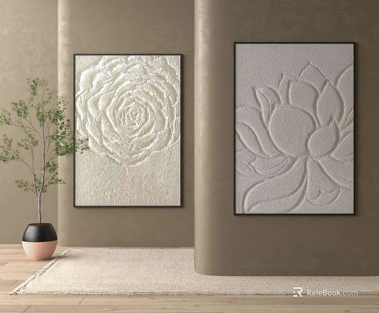 Textured Rose And Lotus Decorative Paintings In Modern Interior With Green Plant 3d model 