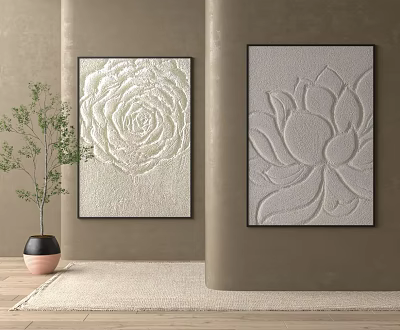 Textured Rose And Lotus Decorative Paintings In Modern Interior With Green Plant 3d model