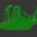 Ancient Stone Ruins Remains With Archway Windows And Green Grass Field