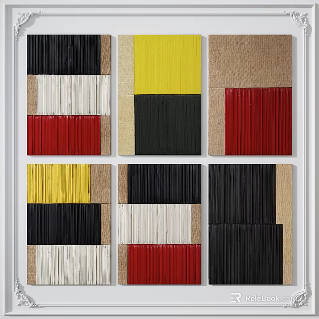 Colorful Fabric Collage Artworks With Black Yellow Red White Beige Strips In Grid Pattern 3d model 