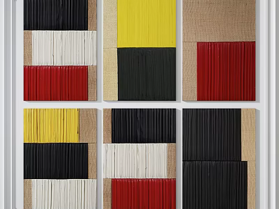 Colorful Fabric Collage Artworks With Black Yellow Red White Beige Strips In Grid Pattern 3d model
