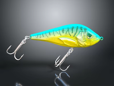 Colorful Fish Shaped Fishing Lure With Blue Yellow Gradient And Hooks 3d model