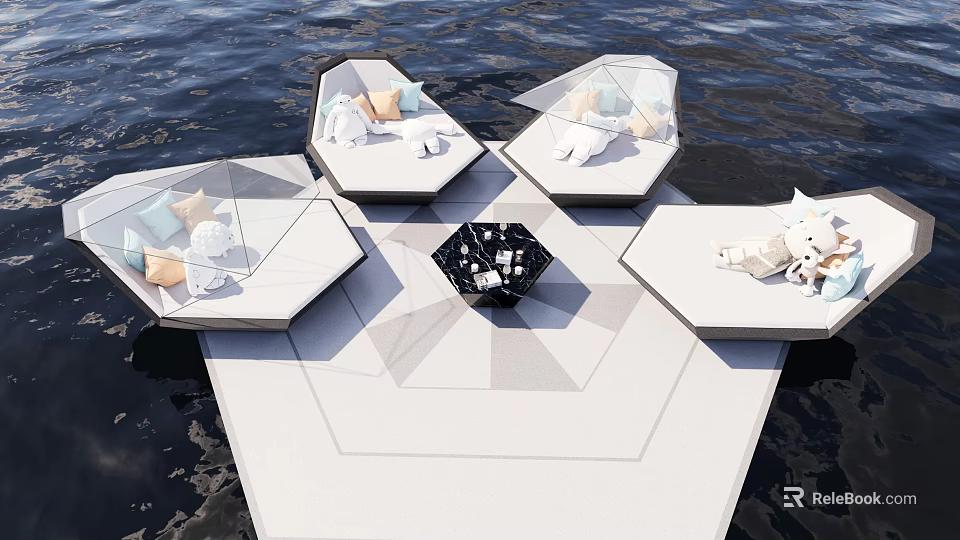 Hexagonal Outdoor Sofa With Pillows On Floating Platform And Black Table 3d model 