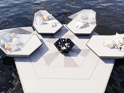 Hexagonal Outdoor Sofa With Pillows On Floating Platform And Black Table 3d model