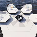 Hexagonal Outdoor Sofa With Pillows On Floating Platform And Black Table 3d model