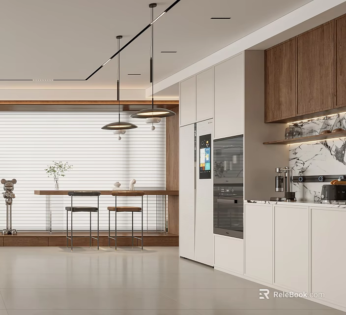 Modern Kitchen Bar Area Interior With Hanging Lights White Cabinets And Bar Stools 3d model 